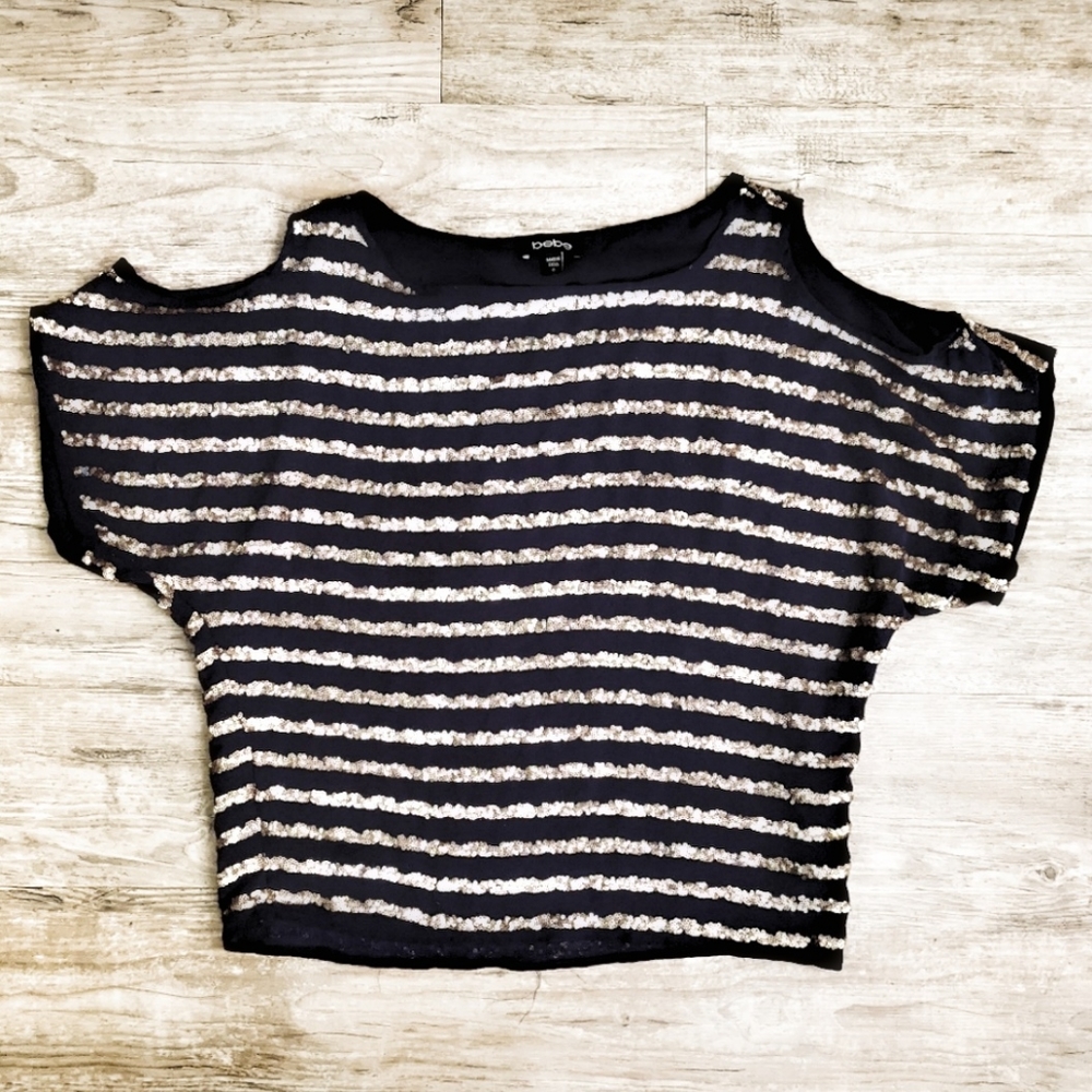 BEBE Royal Blue/Navy Blue & Gold Sequin Open Shoulder Super CUTE Top! - Picture 5 of 5